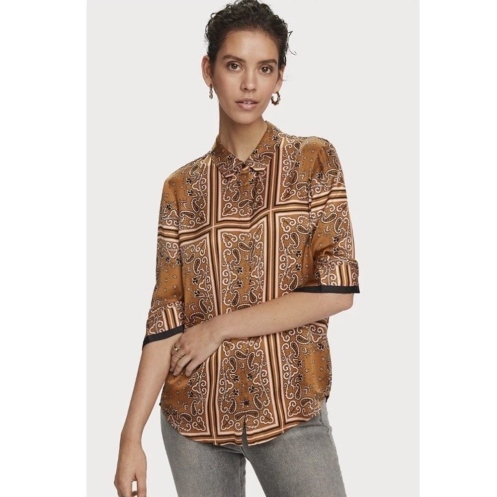 SCOTCH & SODA Sz S Bandanarama Printed Brown Pink Viscose Satin Shirt